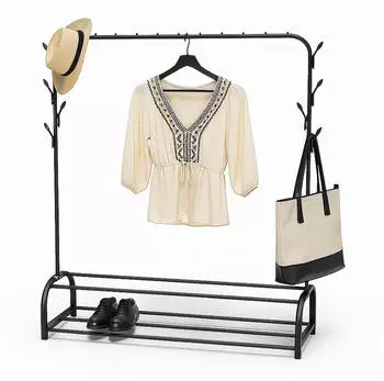 Relaxdays Kleiderst&auml;nder 3-in-1 mit Kleiderstange, 2 Ablagen & 8 Haken, Metall, schwarz (10051374)