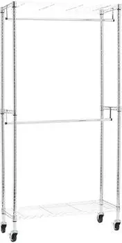 AmazonBasics Doppel-Kleiderstange mit Rädern, höhenverstellbaren Regalen, 181kg, Chrom (WI-GAR1436C)
