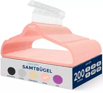 SereneLife Samt-Kleiderbügel 200er-Set, Ultradünn rutschfest, 360° Drehbarer Haken, Rosa (SLHVELPIK200)