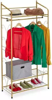 Relaxdays Kleiderst&auml;nder 3 Ablagen, Metall, Gold, 78x161x36cm (10039340_259)