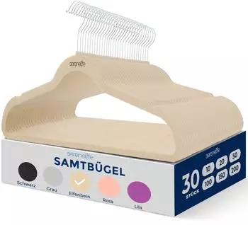 SereneLife Samtbügel 30er-Pack rutschfest 360° drehbarer Haken, Creme (SLHVELIVOR30)