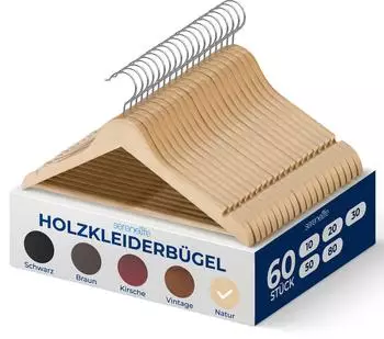 SereneLife Holz Kleiderbügel 360° drehbarer Haken rutschfest 60 Stück (SLWDD61)
