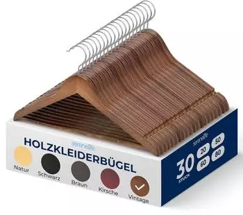 SereneLife Holz-Kleiderbügel 30er-Set, 360° drehbarer Haken, platzsparend (SLHWDVINT30)