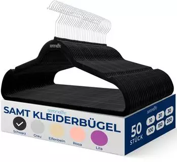 SereneLife Samt-Kleiderbügel 50er-Set, rutschfest, 360° Drehhaken, 4,5kg, Schwarz (SLHVEL50)