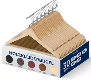 SereneLife Holzkleiderbügel rutschfest 360° drehbarer Haken, 30 Stück (SLHWD30)