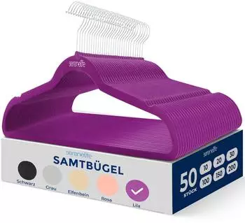 SereneLife Samtkleiderbügel rutschfest, 360° Drehhaken, 50er-Set (SLHVELPURP50)