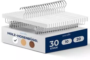 SereneLife Hosenbügel Holz mit Klemmbügel 30er-Set, weiß (SLWPHWH30)
