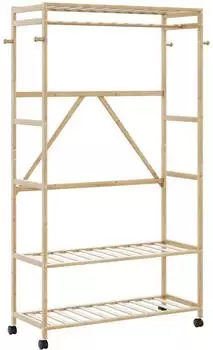 vidaXL Kleiderständer mit Ablagen und Rollen, Bambus, 110x40x180cm