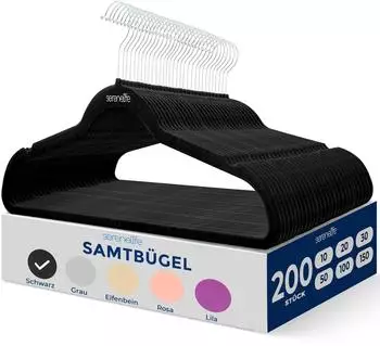 SereneLife Samt-Kleiderbügel Rutschfest, 360° drehbarer Metallhaken, 200er-Pack (SLHVEL200)