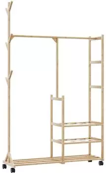 vidaXL Kleiderständer mit Ablagen und Rollen, Bambus, 100x38x175,5cm
