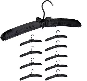 Relaxdays Kleiderb&uuml;gel Satin 10er-Pack, weich gepolstert, 360&deg; drehbarer Haken, Schleife, 38cm, Schwarz (10026615_1064)