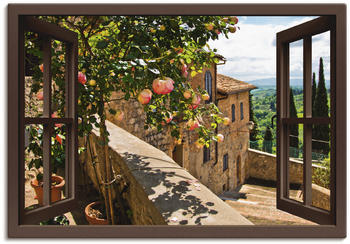 Art-Land Fensterblick Rosen auf einem Balkon in San Gimignano, mit Toskanalandschaft im Hintergrund 70x50cm