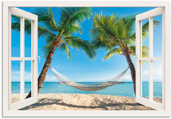 Art-Land Fensterblick Urlaub am Palmenstrand in der Karibik mit Hängematte 70x50cm