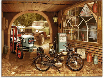 Art-Land Nostalgie-Werkstatt mit Traktor und Motorrad 80x60cm