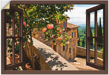 Art-Land Fensterblick Rosen auf einem Balkon in San Gimignano, mit Toskanalandschaft im Hintergrund 130x90cm