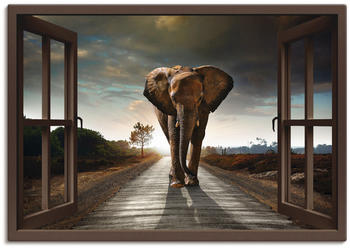 Art-Land Ein Elefant läuft auf einer Straße mit der Sonne im Rücken mit braunem Fenster 70x50cm