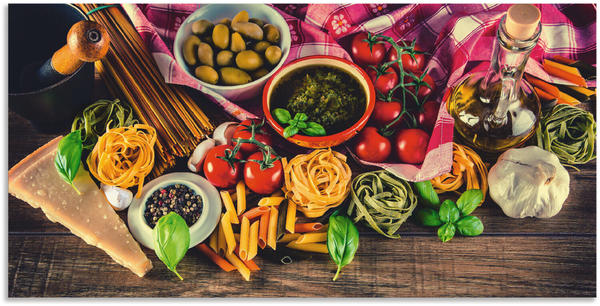 Art-Land Italienisch mediterrane Lebensmittel Zutaten auf altem hölzernem Hintergrund 150x75cm