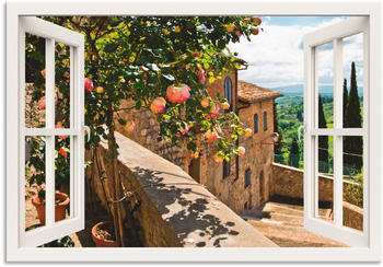 Art-Land Fensterblick Rosen auf einem Balkon in San Gimignano, mit Toskanalandschaft im Hintergrund Alu-Dibond 70x50cm
