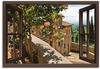 Art-Land Fensterblick Rosen auf einem Balkon in San Gimignano, mit Toskanalandschaft im Hintergrund Leinwandbild 130x90cm