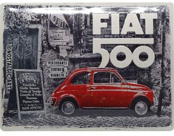 Nostalgic Art Fiat 500 Red Car in the Street 40x30cm