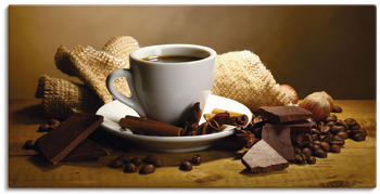 Art-Land Kaffeetasse, -bohnen, Zimtstangen, Nüsse, Schokolade auf Holztisch 100x50cm