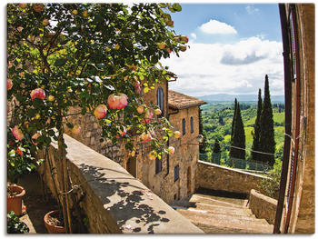 Art-Land Rosen auf einem Balkon in San Gimignano, mit Toskanalandschaft im Hintergrund 40x30cm