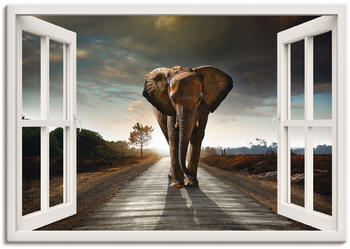 Art-Land Ein Elefant läuft auf einer Straße mit der Sonne im Rücken mit weißem Fenster 100x70cm