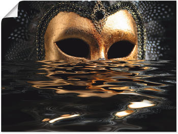 Art-Land Venezianische Maske mit Blattgold, eingebettet in Vogelfedern mit Reflexion auf dem Wasser 80x60cm
