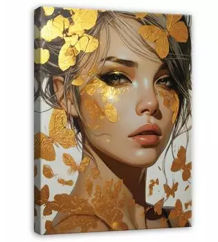 Wallarena Leinwandbild Frau mit Schmetterlingen, gold, abstrakt (70x100cm)