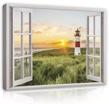 Wallarena Leinwandbild Fensterblick Strand Leuchtturm, 3D-Effekt, 100x75cm