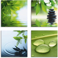 Artland Leinwandbild "Bl&auml;tter Wasser Zen Steinpyramide Tropfen" Zen 4 Stk....