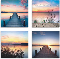 Artland Leinwandbild "Pier See Abendrot Schilf Sonnenstrahlen" Gew&auml;sser 4 Stk....