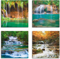 Artland Leinwandbild "Sch&ouml;ner Wasserfall im Wald" Gew&auml;sser 4 Stk. tlg. 4er Set,