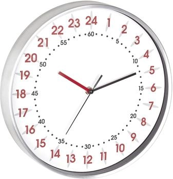 TFA Dostmann Quarz Wanduhr mit 24 Stunden Anzeige, roten Stunden- und schwarzen Minutenziffern, Aluminium Rahmen, Glas Abdeckung, weiß (60.3069.02)
