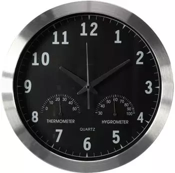 Perel Wanduhr analog 35,5cm DCF mit Thermometer und Hygrometer, Aluminium silber (WC118)