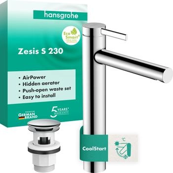 Hansgrohe Zesis S 230 Waschtischarmatur CoolStart mit Push-Open Ablaufgarnitur, Chrom (74732000)