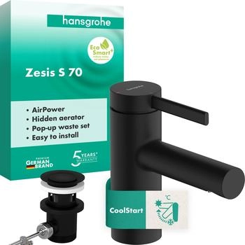 Hansgrohe Zesis S Waschtischarmatur 70 CoolStart mit Metall Zugstangen-Ablaufgarnitur mattschwarz (74714670)