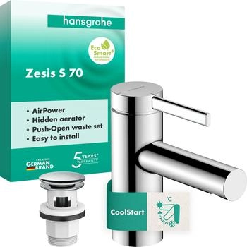 Hansgrohe Zesis S Waschtischarmatur 70 CoolStart mit Push-Open Ablaufgarnitur, Chrom (74715000)