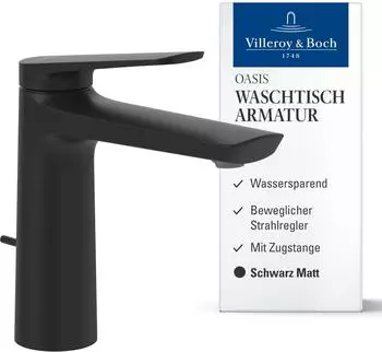 Villeroy & Boch Oasis Waschtischarmatur mit Zugstange, matt schwarz, 114mm (TVW115001000K5)