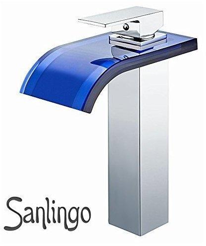 TSGPS Waschtisch Waschbecken Wasserfall Einhebel Armatur Blaues Glas Chrom Sanlingo