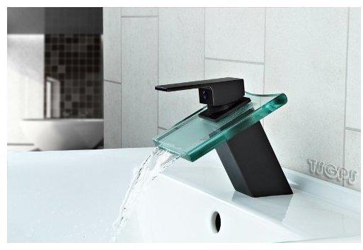 TSGPS Wasserfall Schwall Glas Armatur Schwarz brüniert Klargals Waschtisch Bad