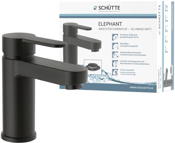 Schütte Elephant Einhebel-Waschtischarmatur 157mm mit Pop-Up-Ablauf schwarz-matt (34216)