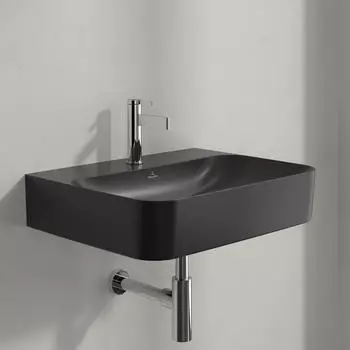 Villeroy & Boch Finion Waschtisch mit Hahnloch mit verdecktem &Uuml;berlauf ViFlow 600 x 470 mm pure black CeramicPlus (41686CR7)