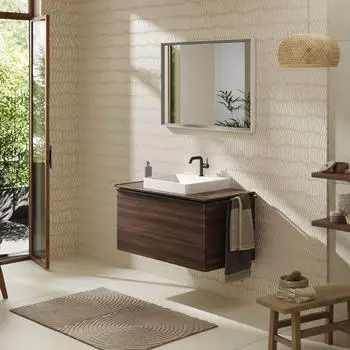 Hansgrohe Xelu Q Konsole mit Ausschnitt mittig 98x55 cm geschliffen 50x48 cm nussbaum dunkel
