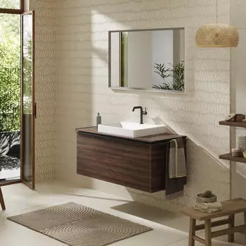 Hansgrohe Xelu Q Konsole mit Ausschnitt mittig 118x55 cm geschliffen 60x48 cm nussbaum dunkel