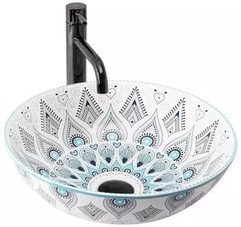 Rea Mandala Aufsatzwaschbecken Keramik, Wei&szlig;/Blau (REA-U7502)