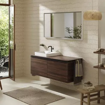 Hansgrohe Xelu Q Konsole mit Ausschnitt links 136x55 cm geschliffen 50x48 cm nussbaum dunkel