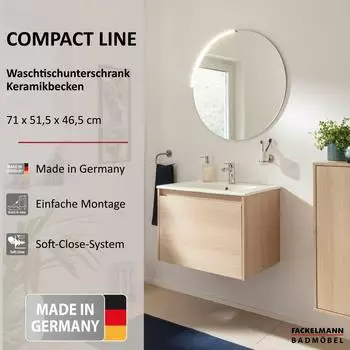 Fackelmann Compact Line Waschtisch-Set mit Unterschrank, Keramik, Eiche, 71cm (4008033858168)