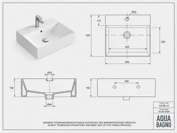 Aqua Bagno Waschtisch Keramik, weiß, rechteckig, 60cm, Aufsatz & Hängemontage (KS.60-V2)