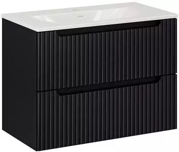Lomado NEWPORT-56-BLACK Waschtisch 80cm, schwarz, gerillte Front, wandh&auml;ngend (LA56-NEWPORT-56-BLACK-SET73)